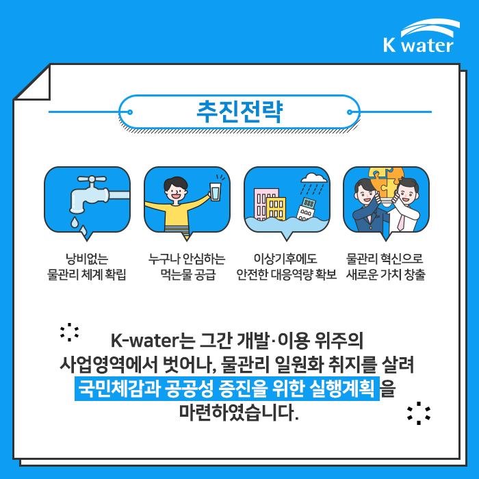 K-water는 그간 개발·이용 위주의 사업영역에서 벗어나, 물관리 일원화 취지를 살려 국민체감과 공공성 증진을 위한 실행계획을 마련하였습니다.