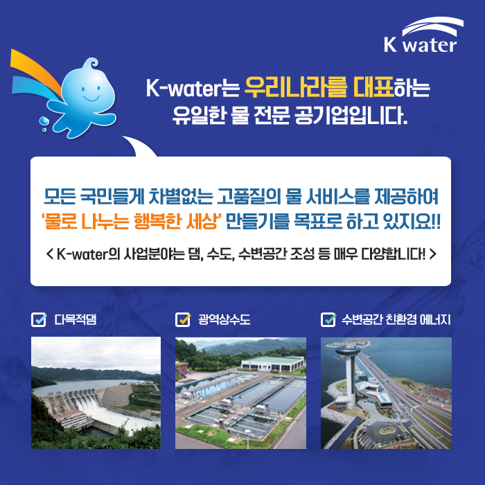 K-water는 우리나라를 대표하는 유일한 물 전문 공기업입니다.  모든 국민들게 차별없는 고품질의 물 서비스를 제공하여 ‘물로 나누는 행복한 세상’ 만들기를 목표로 하고 있지요!! < K-water의 사업분야는 댐, 수도, 수변공간 조성 등 매우 다양합니다! >  댐 사진/그림 수도시설 사진/그림  수변공간 사진/그림