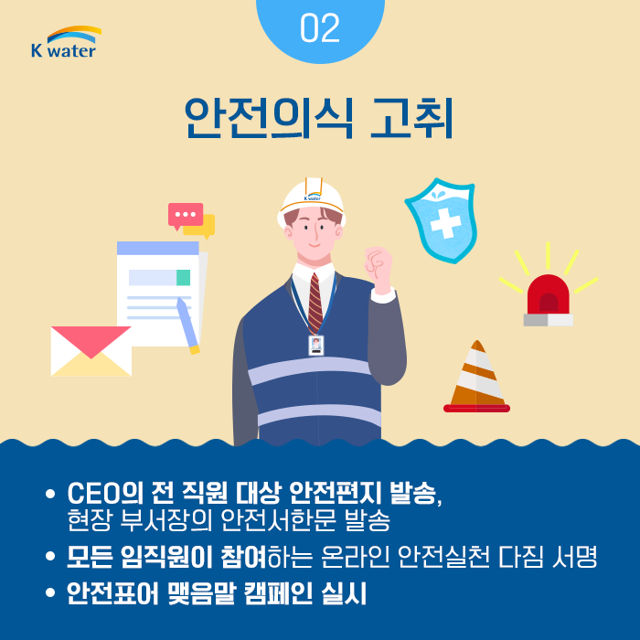 02.안전의식고취 : CEO의 전 직원 대상 안전편지 발송, 현장 부서장의 안전서한문 발송, 모든 임직원이 참여하는 온라인 안전실천 다짐 서명, 안전표어 맺음말 캠페인 실시