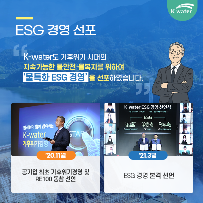 3. ESG 경영 선포 : K-water도 기후위기 시대의 지속가능한 물안전, 물복지를 위하여 물특화 ESG 경영을 선포하였습니다. '20.11월 : 공기업 최초 기후위기경영 및 RE100 동참 선언 / '21.3월 : ESG 경영 본격 선언