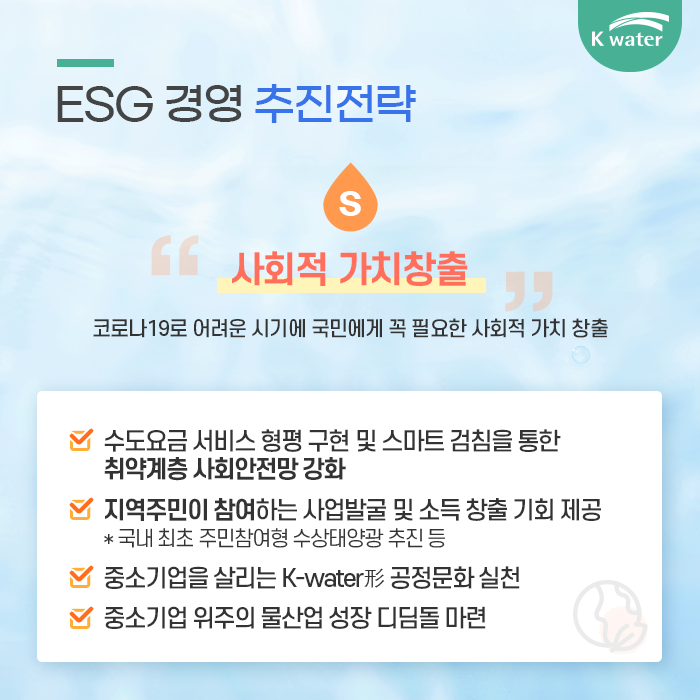 6. ESG 경영 추진전략 : S 사회적 가치창출 코로나19로 어려운 시기에 국민에게 꼭 필요한 사회적 가치 창출 1. 수도요금 서비스 형평 구현 및 스마트 검침을 통한 취약계층 사회안전망 강화 2. 지역주민이 참여하는 사업발굴 및 소득 창출 기회 제공 * 국내최초 주민참여형 수상태양관 추진 등 3. 중소기업을 살리는 K-water 공정문화 실천 4. 중소기업 위주의 물산업 성장 디딤돌 마련