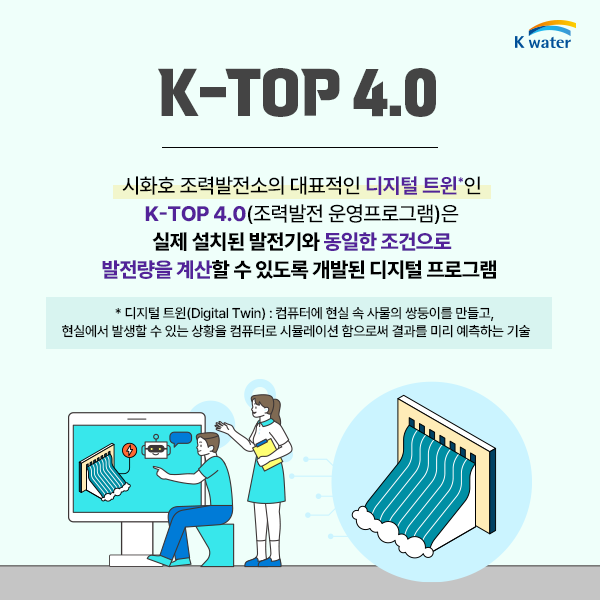 K-TOP 4.0 : 시화호 조력발전소의 대표적인 디지털트윈*인 K-TOP 4.0(조력발전 운영프로그램)은 실제 설치된 발전기와 동일한 조건으로 발전량을 계산하도록 개발된 디지털 프로그램 * 디지털트윈(Digital Twin) : 컴퓨터에 현실 속 사물의 쌍둥이를 만들고, 현실에서 발생할 수 있는 상황을 컴퓨터로 시뮬레이션 함으로써 결과를 미리 예측하는 기술