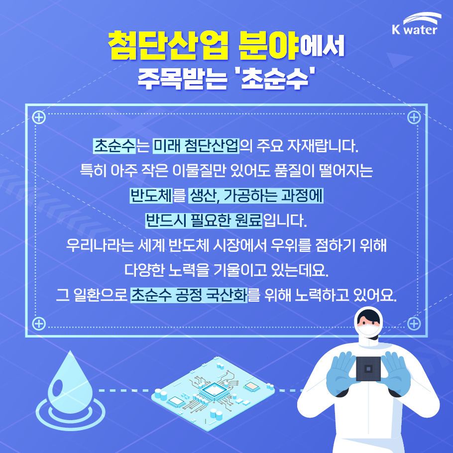 첨단산업 분야에서 주목받는 초순수 : 초순수는 미래 첨단산업의 주료 자재랍니다. 특히 아주 작은 이물질만 있어도 품질이 떨어지는 반도체를 생산, 가공하는 과정에 반드시 필요한 원료입니다. 우리나라는 세계 반도체 시장에서 우위를 점하기 위해 다양한 노력을 기울이고 있는데요. 그 일환으로 초순수 공정 국산화를 위해 노력하고 있어요.