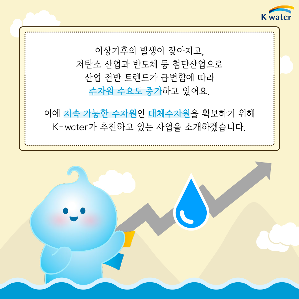 이상기후의 발생이 잦아지고, 저탄소 산업과 반도체 등 첨단산업으로 산업 전반 트렌드가 급변함에 따라 수자원 수요도 증가하고 있어요. 이에 지속 가능한 수자원인 대체수자원을 확보하기 위해 K-water가 추진하고 있는 사업을 소개하겠습니다.