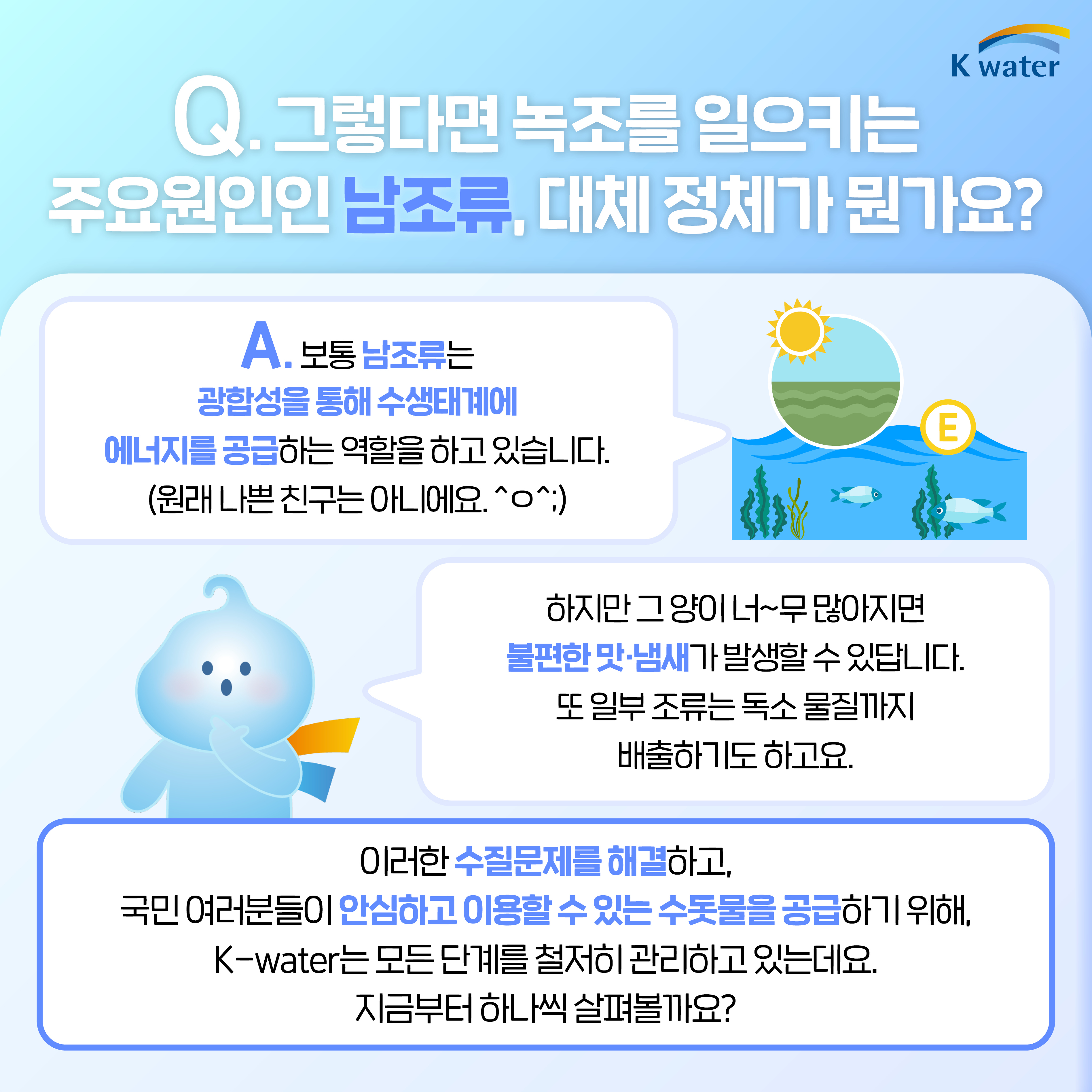 Q. 그렇다면 녹조를 일으키는 주요원인인 남조류, 대체 정체가 뭔가요? Q. 보통 남조류는 광합성을 통해 수생태계에 에너지를 공급하는 역할을 하고 있습니다.(원래 나쁜 친구는 아니예요. ^o^;) 하지만 그 양이 너~무 많아지면 불편한 맛.냄새가 발생할 수 있답니다. 또 일부 조류는 독소 물질까지 배출하기도 하고요. 이러한 수질문제를 해결하고, 국민 여러분들이 안심하고 이용할 수 있는 수돗물을 공급하기 위해, K-water는 모든 단계를 철저히 관리하고 있는데요. 지금부터 하나씩 살펴볼까요?