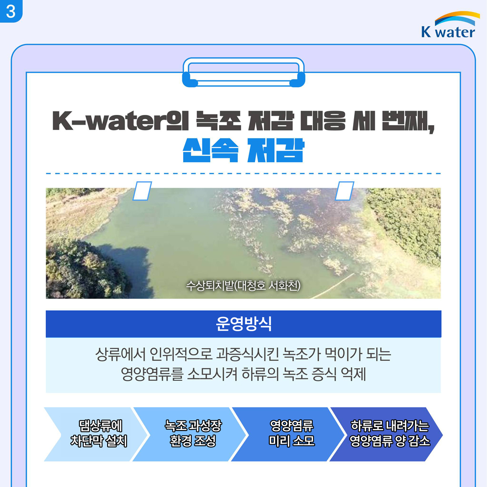 K-water의 녹조 저감 대응 세 번째, 신속 저감(3) : (운영방식) 상류에서 인위적으로 과증식시킨 녹조가 먹이가 되는 영양염류를 소모시켜 하류의 녹조 증식 억제 / 1. 댐상류에 차단막 설치 - 2. 녹조 과성장 환경 조성 - 3. 영양염류 미리 소모 - 4. 하류로 내려가는 영양염류 양 감소 (사진:수상퇴치밭(대청호 서화천))