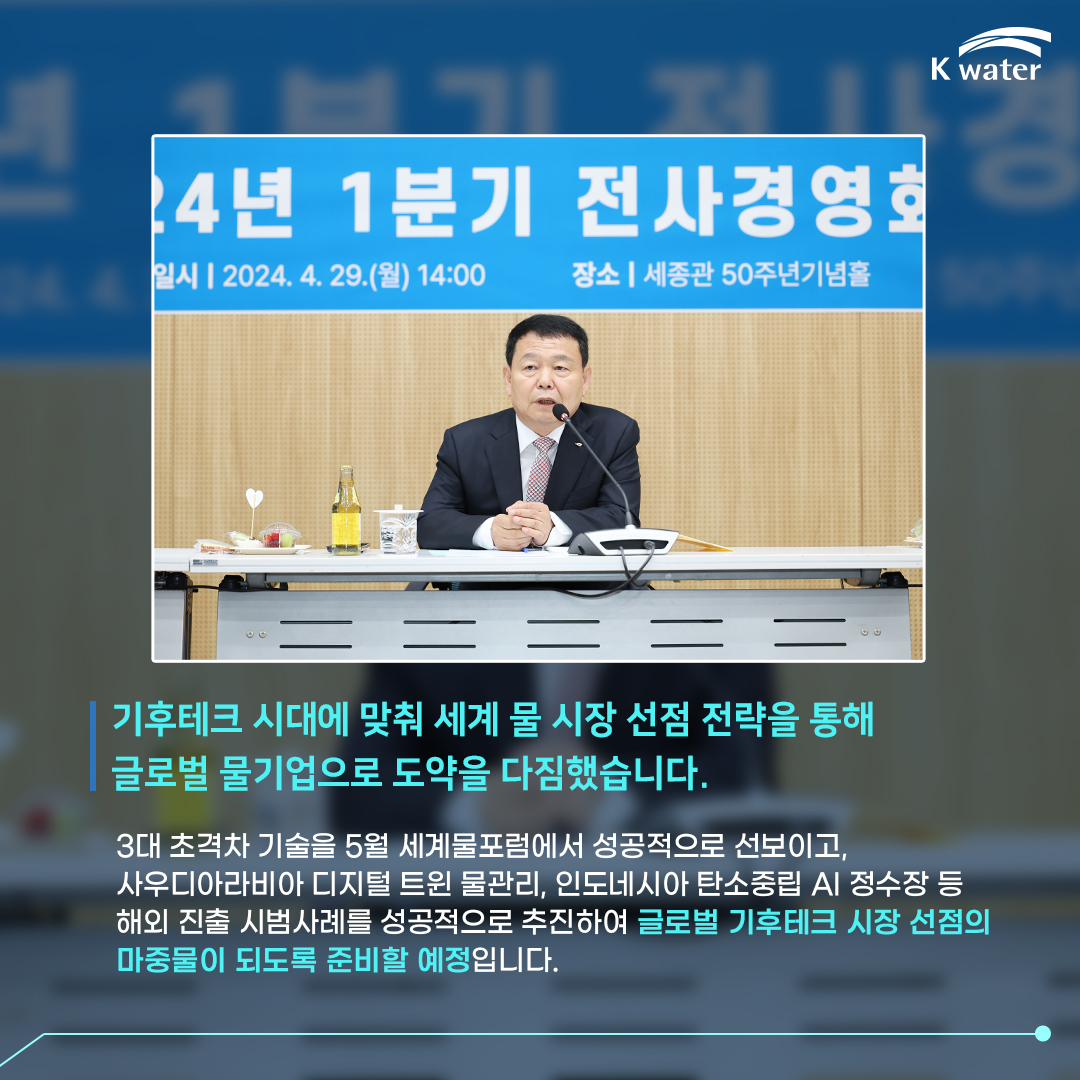 기후테크 시대에 맞춰 세계 물 시장 선점 전략을 통해 글로벌 물기업으로 도약을 다짐했습니다. 3대 초격차 기술을 5월 세계물포럼에서 성공적으로 선보이고, 사우디아라비라 디지털 트윈 물관리, 인도네시아 탄소중립 AI 정수장 등 해외 진출 시범사례를 성공적으로 추진하여 글로벌 기후테크 시장 선점의 마중물이 되도록 준비할 예정입니다.