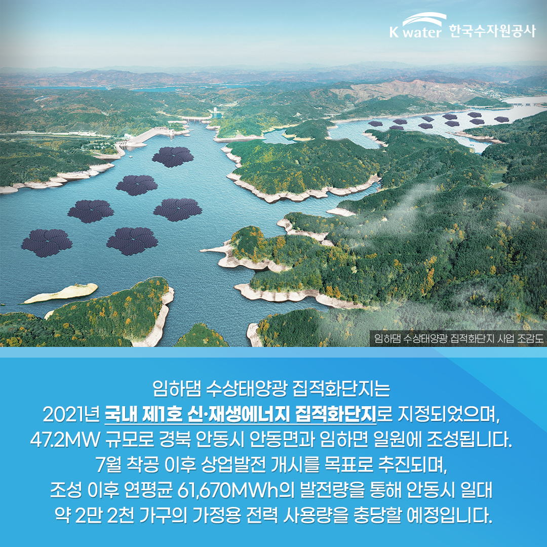 임하댐 수상태양광 집적화단지는 2021년 국내 제1호 신.재생에너지 집적화단지로 지정되었으며, 47.2MW 규모로 경북 안동시 안동면과 임하면 일원에 조성됩니다. 7월 착공 이후 상업발전 개시를 목표로 추진되며, 조성 이후 연평균 61,670MWh의 발전량을 통해 안동시 일대 약 2만 2천 가구의 가정용 전력 사용량을 충당할 예정입니다.
