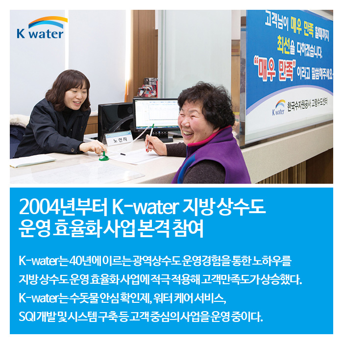 2004년부터 K-water 지방 상수도 운영효율화 사업 본격 참여 | K-water는 40년에 이르는 광역상수도 운영경험을 통한 노하우를 지방상수도 운영효율화 사업에 적극 적용해 고객만족도가 상승했다. K-water는 수돗물 안심확인제, 워터케어서비스, SQI개발 및 시스템 구축 등 고객중심의 사업을 운영중이다