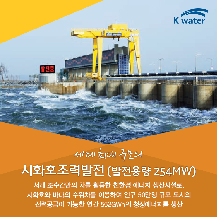 세계 최대 규모의 시화호조력발전 (발전용량 254MW) 서해 조수간만의 차를 활용한 친환경 에너지 생산시설로, 시화호와 바다의 수위차를 이용하여 인구 50만명 규모 도시의 전력공급이 가능한 연간 552GWh의 청정에너지를 생산