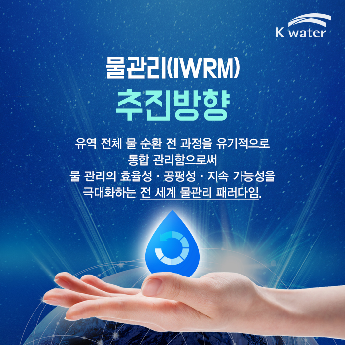 물관리(IWRM) 추진 방향 | 유역 전체 물 순환 전 과정을 유기적으로 통합 관리함으로써 물 관리의 효율성·공평성·지속 가능성을 극대화하는 전 세계 물관리 패러다임