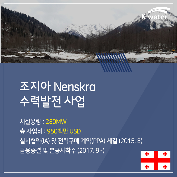 조지아 Nenskra 수력발전 사업 시설용량 : 280MW 총 사업비 : 950백만 USD 실시협약(IA) 및 전력구매 계약(PPA) 체결 (2015. 8) 금융종결 및 본공사착수 (2017.9~)