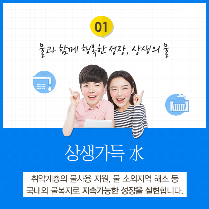 01. 물과 함께 행복한 성장, 상생의 물 상생 가득 水 취약계층의 물사용 지원, 물 소외지역 해소 등 국내외 물복지로 지속가능한 성장을 실현합니다.