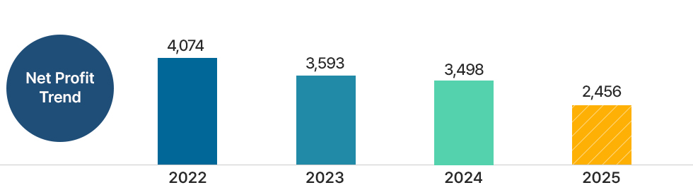 Net Profit Trend 2022 4,074 / 2023 3,593 / 2024 3,498 / 2025 2,456
