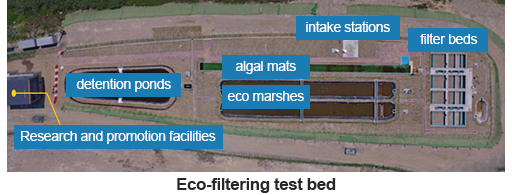 Research and promotion facilities, detention ponds, algal mats, eco marshes, intake stations, filter beds, Eco-filtering test bed 