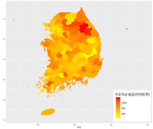 수도요금 평균단가(원/톤) 분포 지도 [이미지]