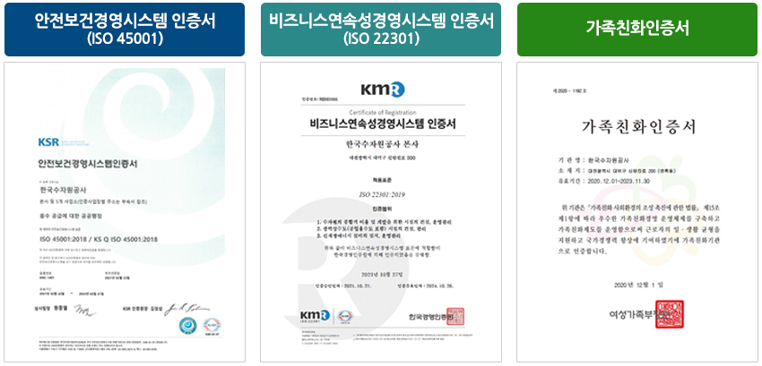 1. 안전보건경영시스템 인증서 (ISO 45001) / 2. 비즈니스연속성경영시스템 인증서 (ISO 22301) / 3. 가족친화인증서